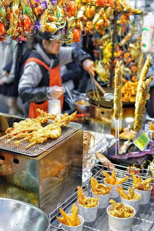 Street food at Myeong-dong Street Market, Myeong-dong, Seoul, South Korea