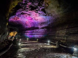 Inside of Manjanggul Cave with lights, Jeju Island, South Korea