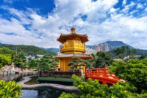 Golden pavilion in Nan Lian Garden near Chi Lin Nunnery Temple, Diamond Hill, Kowloon, Hong Kong