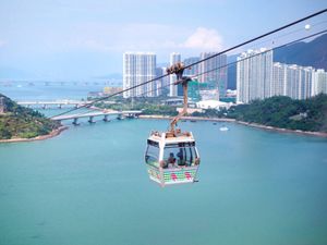 Scenery of sea, sky and city from Ngong Ping 360 cable car, Lantau Island, Hong Kong