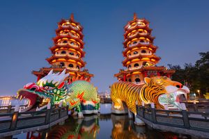 Dragon and Tiger Pagodas and Lotus Pond in Ciji Temple, Kaohsiung, Taiwan