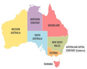 Australia map showing Australian states and internal territories.