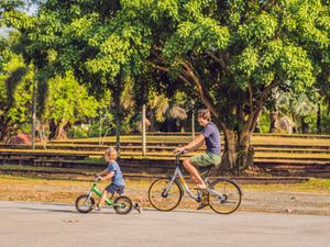 Family riding bicycles.
