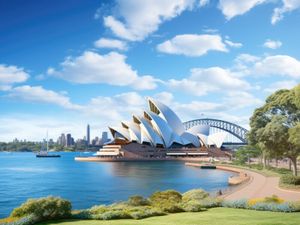 AI generated view of Sydney Harbour Bridge and Sydney Opera House by the bay with blue sky.