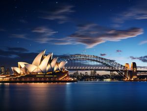 Sydney Opera House and Sydney Harbour Bridge at night, New South Wales, Australia.