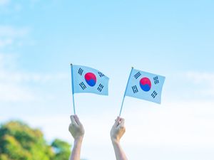 Hands holding Korea flags.