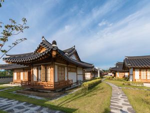 Traditional oriental wooden house in Ojuk Hanok Village, Gangwon, South Korea.
