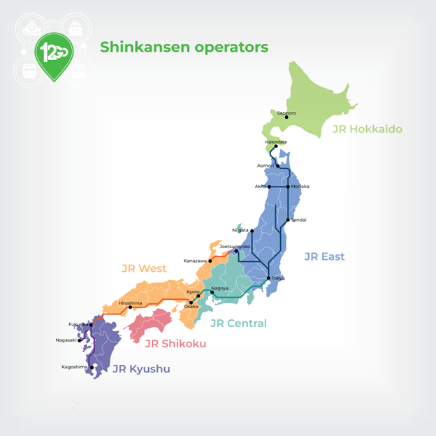 Japan Railway covers the entire country through a number of companies operating in different regions of Japan.