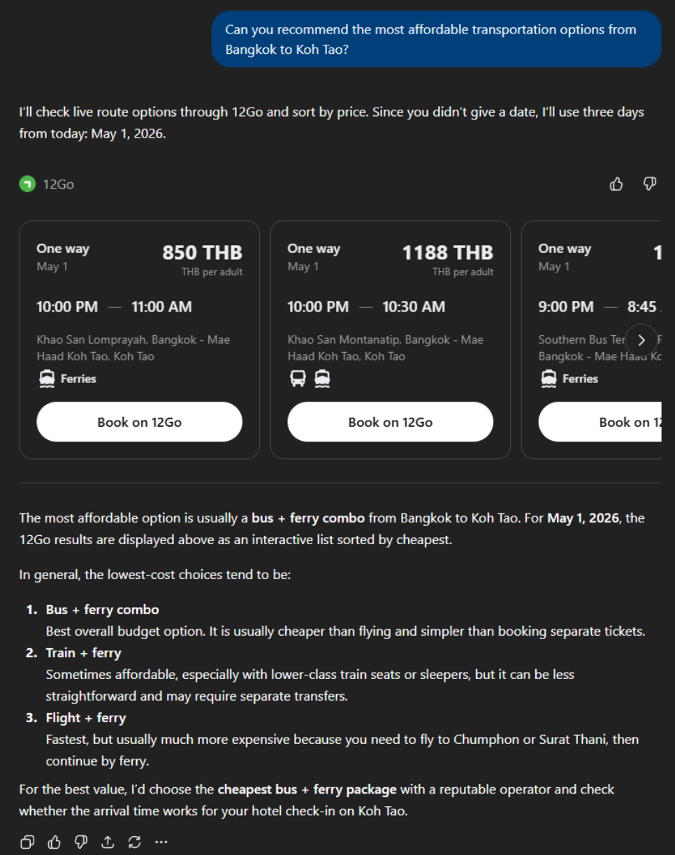 Affordable transportation options from Bangkok to Koh Tao - 12Go ChatGPT app